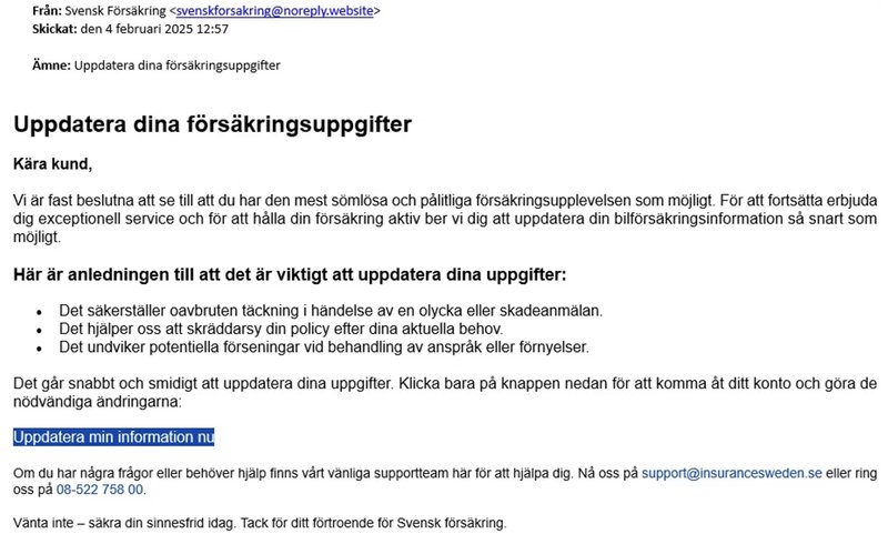 Exempel på bedrägerimejlet. Foto: Skärmavbild Säkerhetskollen Exempel på bedrägerimejlet. Foto: Skärmavbild Säkerhetskollen